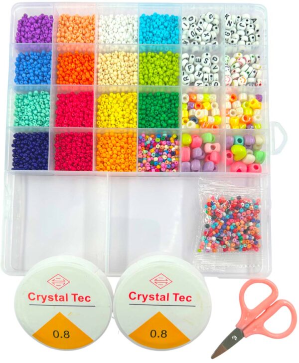 Fancy Beads Kit, 4000Pcs Colourful 11/0 Seed Beads, Alphabet Beads, 15 Meters of 0.8 Elastic Cord, Mini Scissors, Girl DIY Bracelet Set, Beads and Accessories Set for Jewellery Making