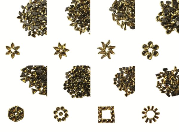 Gold Stones-1200 pieces Assortment Pack of 8 Different Shapes (150-160 Pieces Each) for Jewellery, Silk Thread Bangles, Embroidery, Art and Crafts Etc.