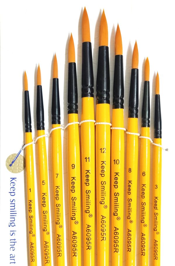 Keep Smiling Artist Brushes Round Shape Nylon Hair Wooden Handle for Acrylic Watercolor Oil Painting, Craft Detailing Artwork, Sizes: 1, 3, 5, 6, 7, 8, 9, 10, 11, 12 (Pack of 12 Pcs)