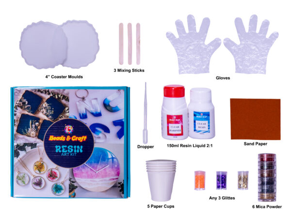 Resin Art Kit with Moulds, 150ml Resin & Hardener, Glitters, Mica Powder, Mixing Sticks, 4" Coaster Moulds, Paper Cups, Dropper, Sand Paper (Resin Art Kit 1) - Image 2