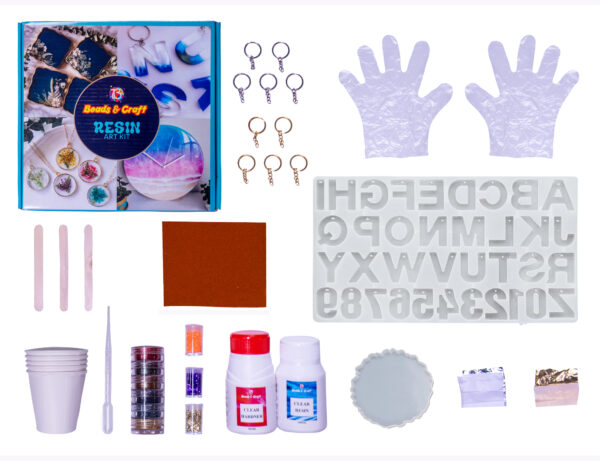 Resin Art Kit with Moulds, 150ml Resin & Hardener, Glitters, Mica Powder, Mixing Sticks, Alphabets and Numbers Mould, 4" Coaster Mould, Paper Cups, Dropper, Key Chains, Gold & Silver Foils, Sand Paper (Resin Art Kit 2)