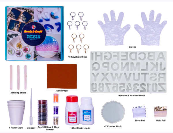 Resin Art Kit with Moulds, 150ml Resin & Hardener, Glitters, Mica Powder, Mixing Sticks, Alphabets and Numbers Mould, 4" Coaster Mould, Paper Cups, Dropper, Key Chains, Gold & Silver Foils, Sand Paper (Resin Art Kit 2) - Image 2