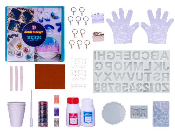 Resin Art Kit with Moulds, 150ml Resin & Hardener, Glitters, Mica Powder, Mixing Sticks, Alphabets and Numbers Mould, Pendant Mould, 4" Coaster Mould, Earring Mould, Paper Cups, Dropper, Key Chains, Earring Hooks, Sand Paper (Resin Art Kit 3)