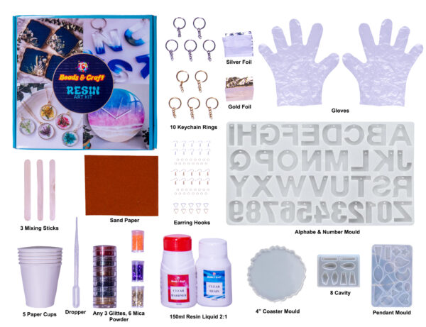 Resin Art Kit with Moulds, 150ml Resin & Hardener, Glitters, Mica Powder, Mixing Sticks, Alphabets and Numbers Mould, Pendant Mould, 4" Coaster Mould, Earring Mould, Paper Cups, Dropper, Key Chains, Earring Hooks, Sand Paper (Resin Art Kit 3) - Image 2