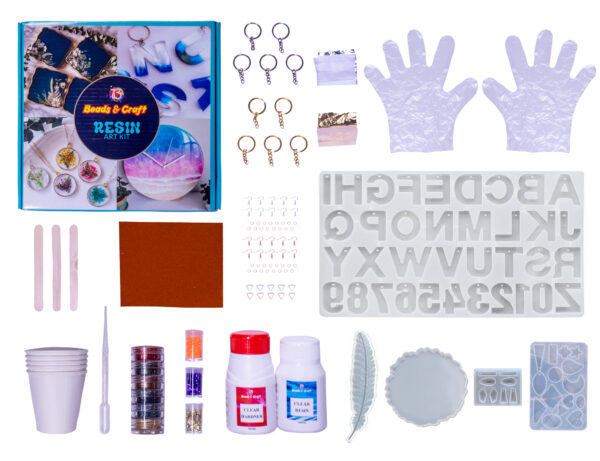 Resin Art Kit with Moulds, 150ml Resin & Hardener, Glitters, Mica Powder, Mixing Sticks, Alphabets and Numbers Mould, Pendant Mould, 4" Coaster Mould, Earring and Feather Mould, Paper Cups, Dropper, Key Chains, Earring Hooks, Sand Paper (Resin Art Kit 4)