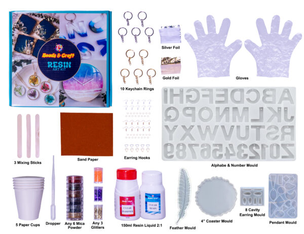 Resin Art Kit with Moulds, 150ml Resin & Hardener, Glitters, Mica Powder, Mixing Sticks, Alphabets and Numbers Mould, Pendant Mould, 4" Coaster Mould, Earring and Feather Mould, Paper Cups, Dropper, Key Chains, Earring Hooks, Sand Paper (Resin Art Kit 4) - Image 2