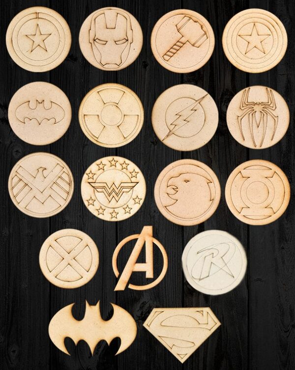 Marvel Avengers DC Collection Superhero Logo Collectibles Pre Marked Laser MDF Wood Cutouts (4 Inch | 2mm Thick) (Combo Pack of 17 Pcs)