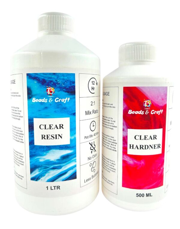 Clear Resin Liquid and Hardener, Non-Toxic, Easy to Use with Self-Leveling, Suitable for Resin Art, Jewellery and Keychain Making (2:1 Ratio)