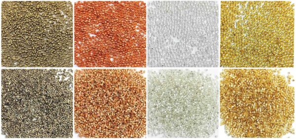 Glass Sugar Beads (1.9mm) and Cut Beads (15/0) Combo Pack in (Gold, Silver, Copper, Antique Colors) (Approx. 1000 Pieces Each) for Embroidery, Bangle, Aari Work, Maggam Work (Combo Pack of Sugar Beads and Cut Beads and One Aari Needle)