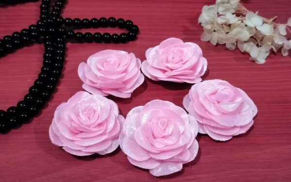 Artificial Glitter Fabric Rose Flowers 5.5cm for Home Decoration, Dress, Boutique, DIY Art Craft (Pack of 5 Pcs) (Baby Pink)