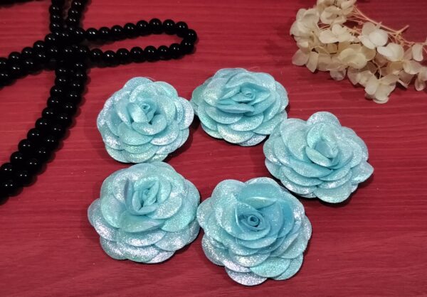 Artificial Glitter Fabric Rose Flowers 5.5cm for Home Decoration, Dress, Boutique, DIY Art Craft (Pack of 5 Pcs) (Sky Blue)