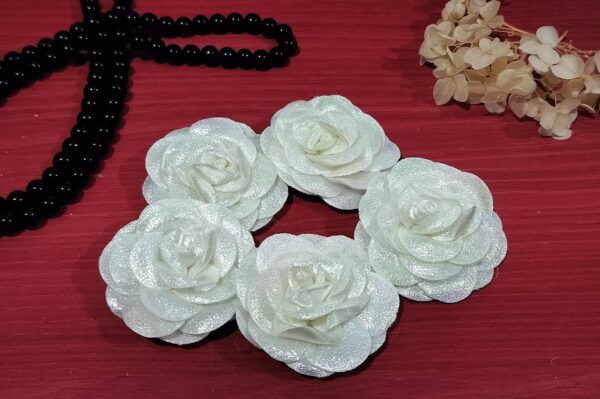 Artificial Glitter Fabric Rose Flowers 5.5cm for Home Decoration, Dress, Boutique, DIY Art Craft (Pack of 5 Pcs) (White)