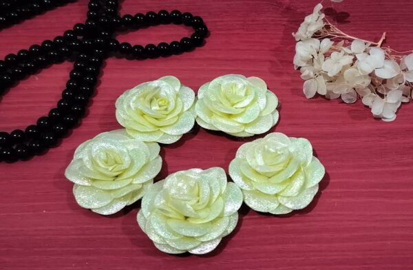 Artificial Glitter Fabric Rose Flowers 5.5cm for Home Decoration, Dress, Boutique, DIY Art Craft (Pack of 5 Pcs) (Lemon Yellow)