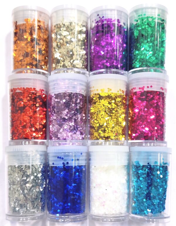 Glitter Sequins Set for Resin Art, Nail Art, Body Art, Jewellery, DIY Art & Craft, Decoration Projects (Pack of 12 Bottles/Approx. 100 GMS.) (Hexagon Shape 1) - Image 2