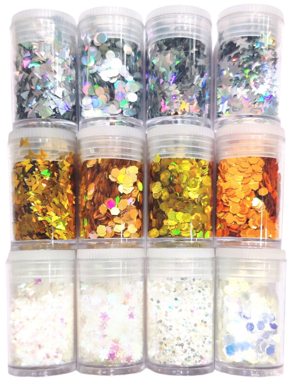 Multi Design Glitter Sequins Set of 12 Colors for Resin Art, Nail Art, Body Art, Jewellery, DIY Art & Craft, Decoration Projects (Pack of 12 Bottles/Approx. 100 Gms.) (Multi Shapes)